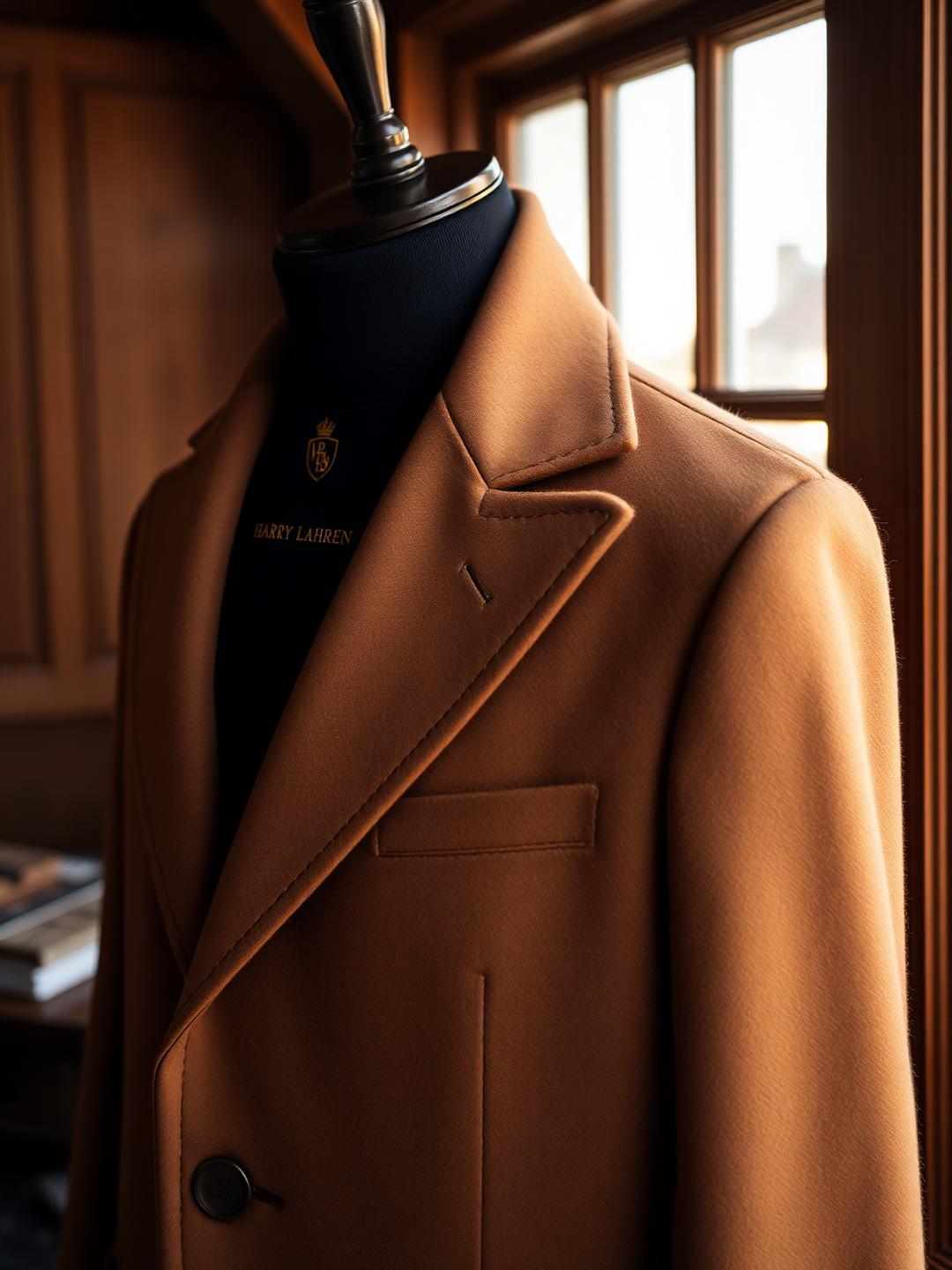 The Harry Lahren Overcoat — hand-tailored camel wool overcoat with hand-stitched lapel and Harry Lahren lining label