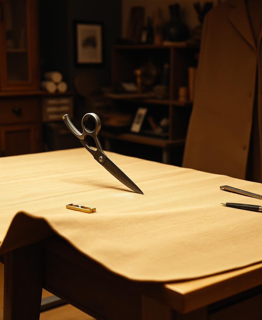 Tailor's shears cutting camel milled wool melton overcoat cloth on an oak table