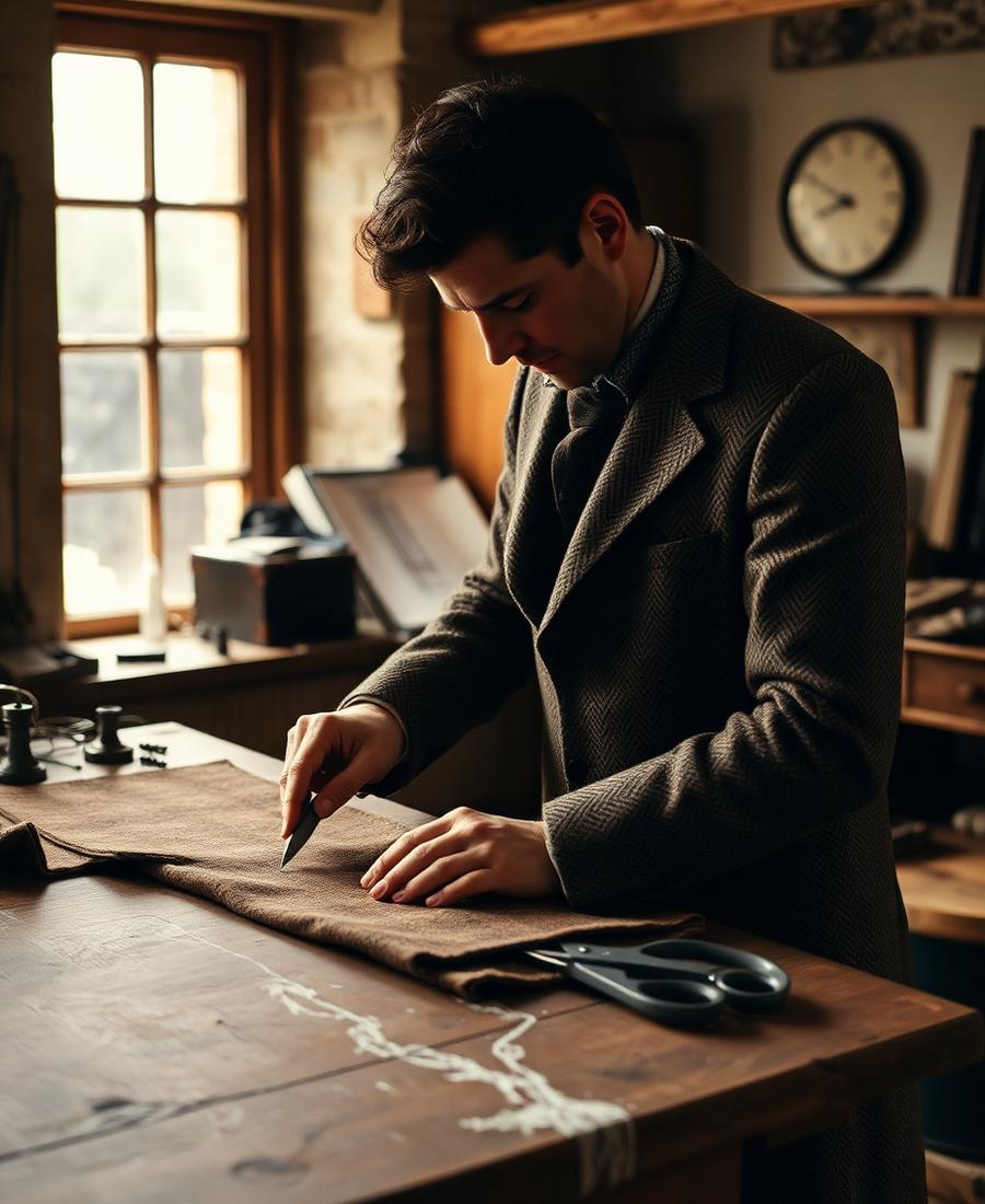 Tailor cutting moor brown Harris tweed herringbone cloth